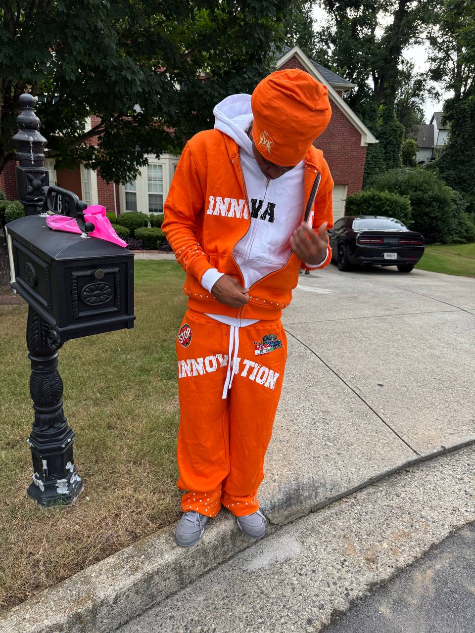 Innovation Orange Rhinestone Zip-Up Tracksuit Set
