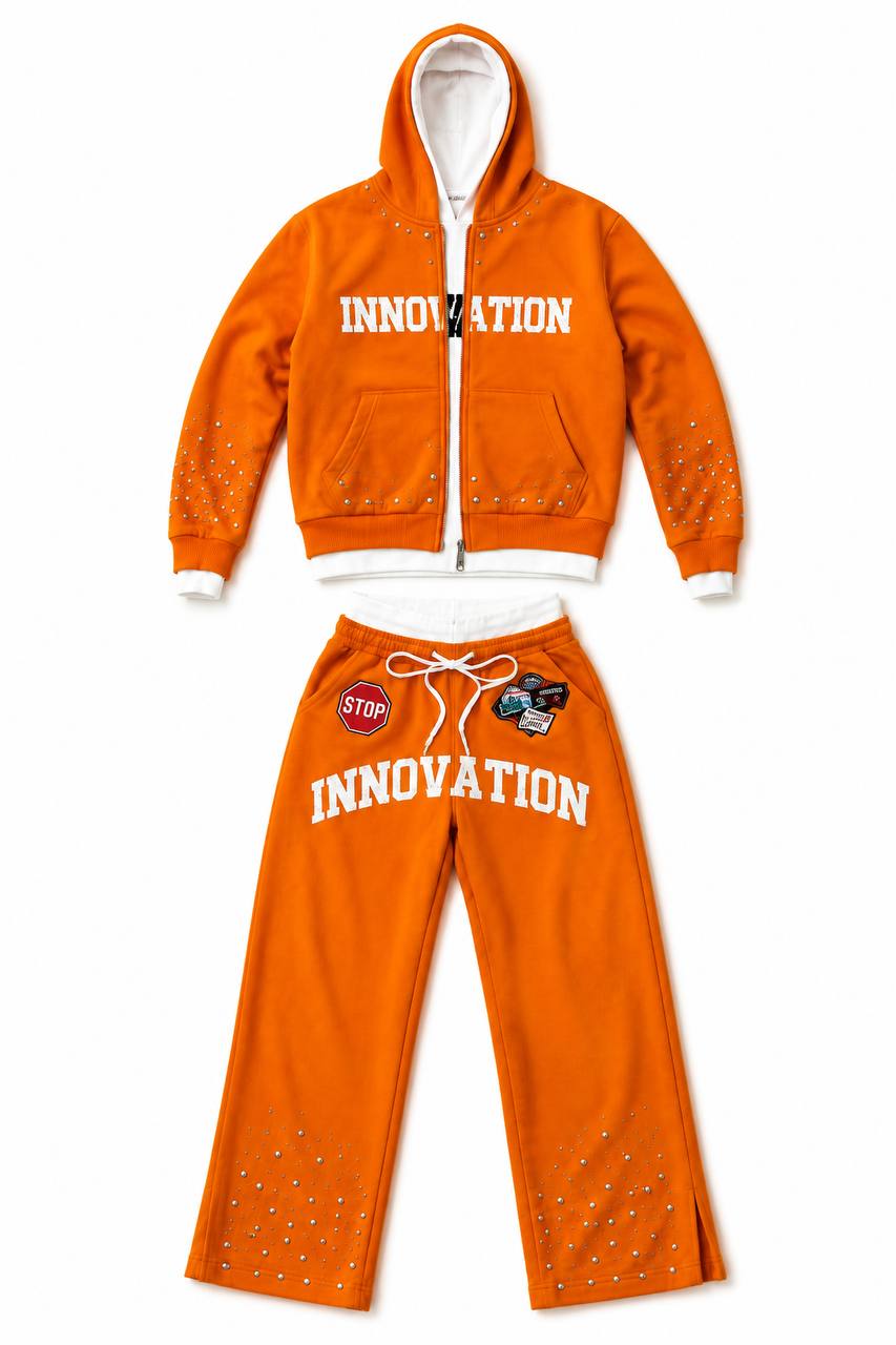 Innovation Orange Rhinestone Zip-Up Tracksuit Set
