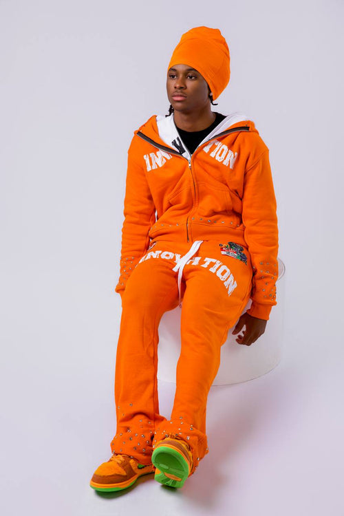 Innovation Orange Rhinestone Zip-Up Tracksuit Set